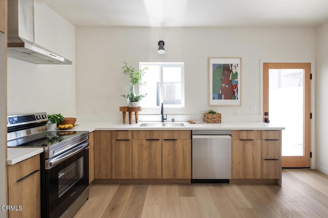 kitchen with sink, light hardwood / wood-style flooring, wall chimney exhaust hood, appliances with stainless steel finishes, and kitchen peninsula