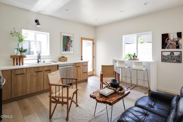 living room with light hardwood / wood-style flooring and sink