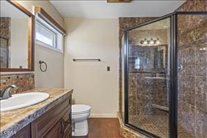 bathroom with vanity, a shower with shower door, and toilet