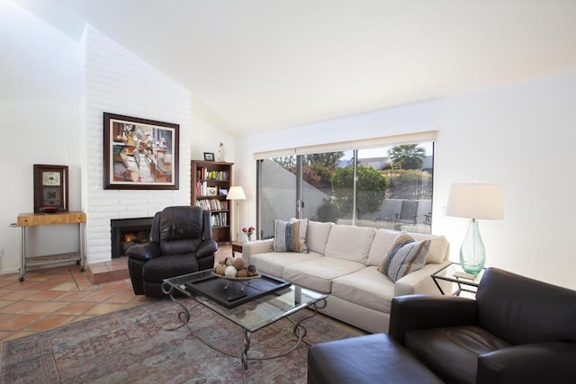 living room featuring light tile patterned floors, a fireplace, and high vaulted ceiling