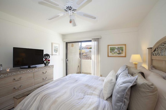 bedroom with ceiling fan and access to outside