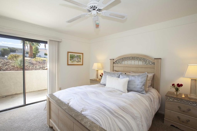 bedroom featuring access to exterior, ceiling fan, and dark colored carpet