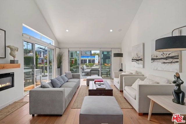 living room with light hardwood / wood-style flooring and high vaulted ceiling