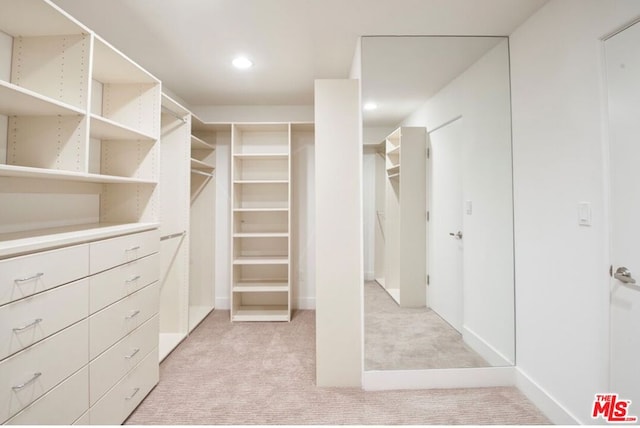 walk in closet featuring light colored carpet