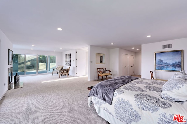 bedroom featuring light carpet and a closet