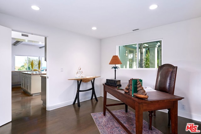 office with dark wood-type flooring