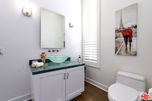 bathroom featuring hardwood / wood-style floors, vanity, and toilet