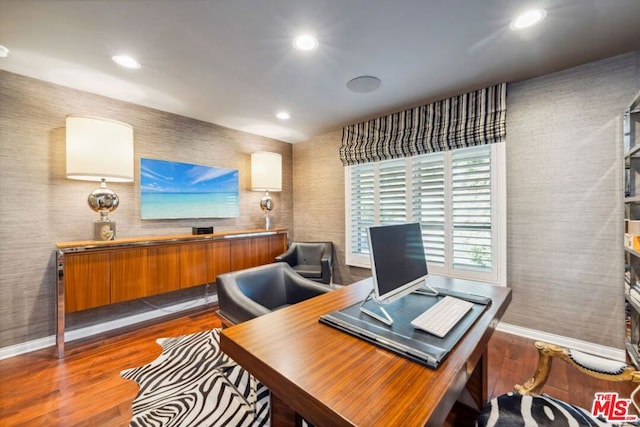 home office featuring dark hardwood / wood-style flooring