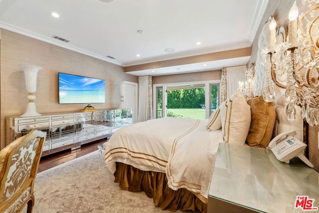 bedroom featuring access to outside, hardwood / wood-style flooring, and crown molding