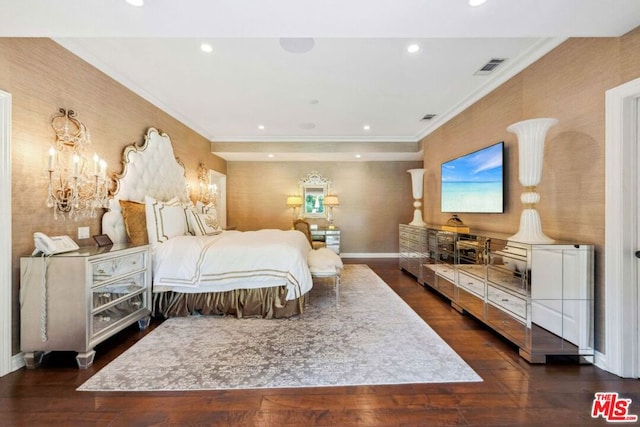 bedroom featuring dark hardwood / wood-style flooring and ornamental molding