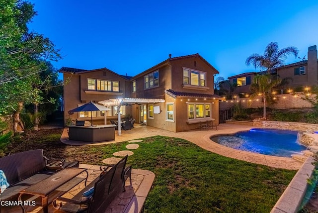 back house at dusk with an outdoor living space, a pergola, a fenced in pool, and a patio