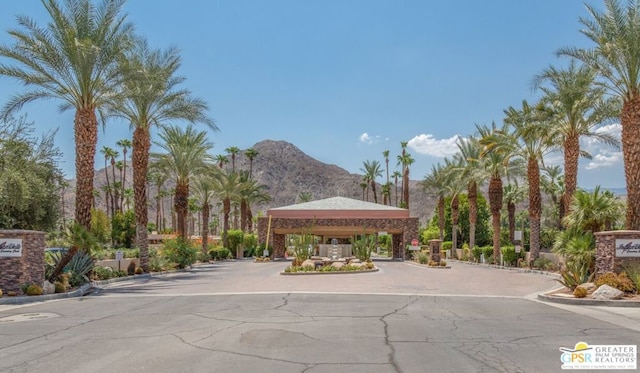 view of community featuring a gazebo and a mountain view