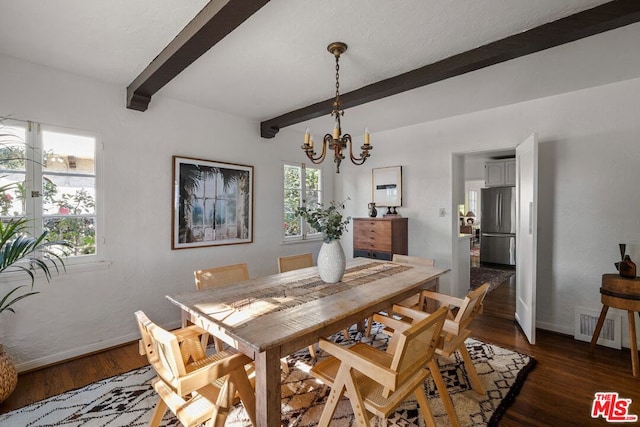 dining room featuring a chandelier, beam ceiling, and dark hardwood / wood-style floors