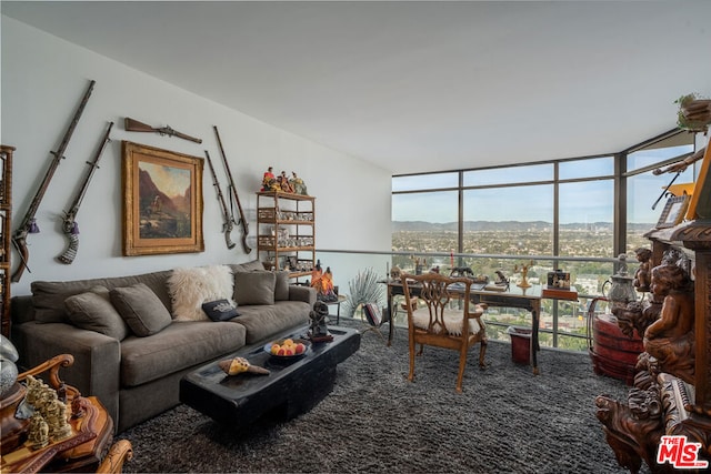 carpeted living room featuring plenty of natural light and expansive windows