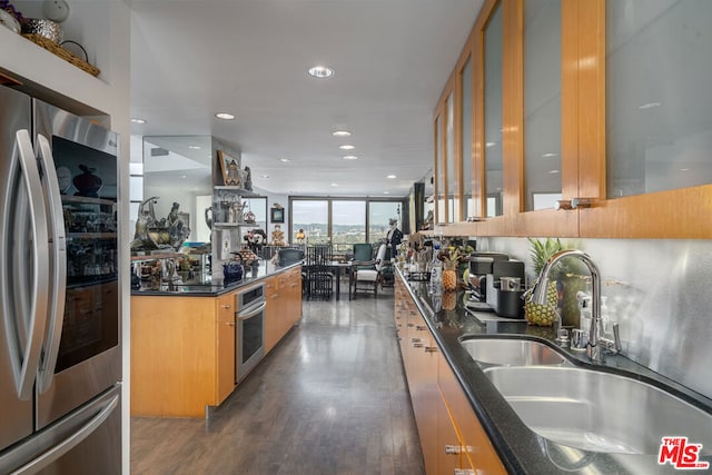 kitchen featuring appliances with stainless steel finishes, dark hardwood / wood-style floors, expansive windows, and sink