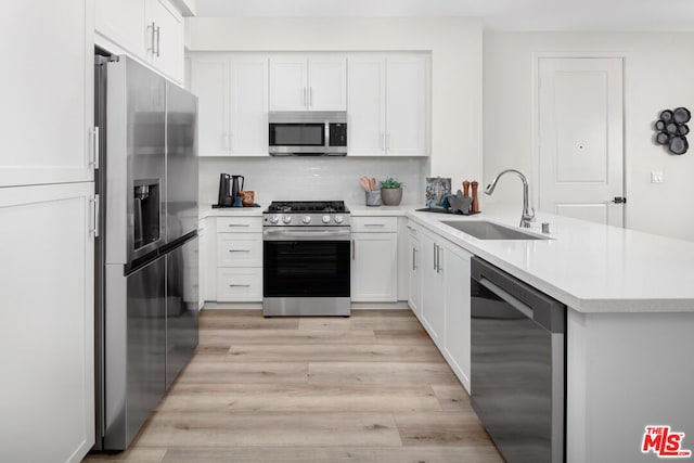 kitchen with decorative backsplash, appliances with stainless steel finishes, sink, light hardwood / wood-style flooring, and white cabinets