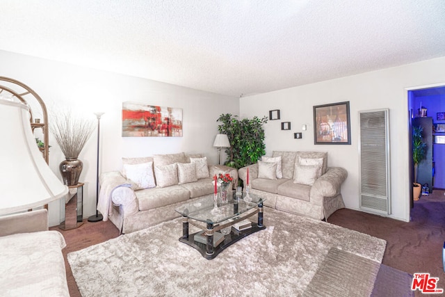 living room with a textured ceiling and carpet floors