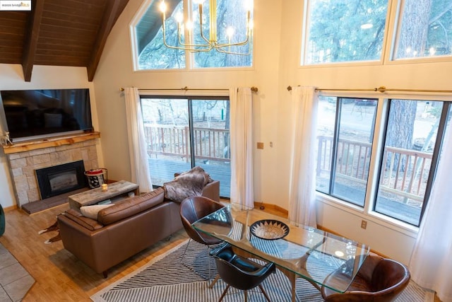 living room featuring a stone fireplace, a chandelier, high vaulted ceiling, wooden ceiling, and hardwood / wood-style flooring