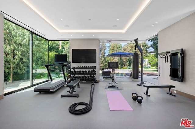 exercise room featuring a raised ceiling, a healthy amount of sunlight, and floor to ceiling windows