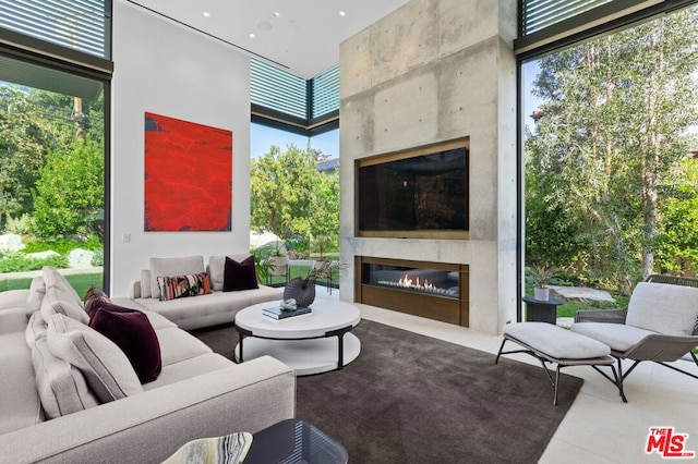 living room featuring plenty of natural light and a towering ceiling