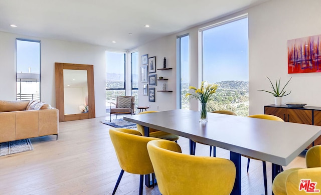 dining area featuring a wealth of natural light, light hardwood / wood-style floors, and a wall of windows