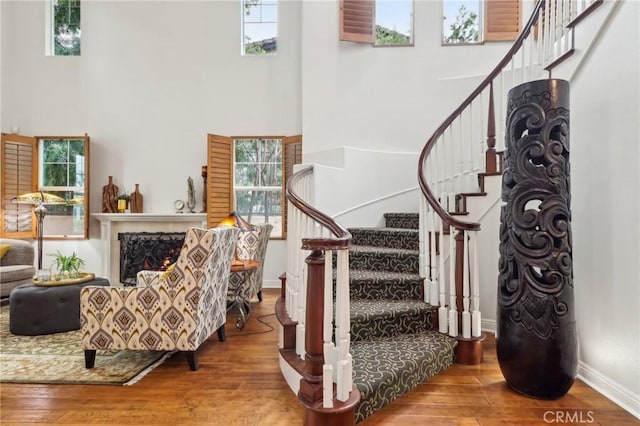 interior space featuring hardwood / wood-style floors and a high ceiling