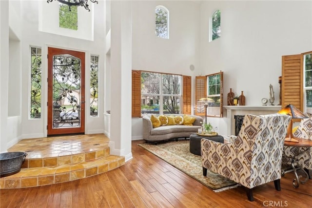 entryway featuring hardwood / wood-style floors, a notable chandelier, plenty of natural light, and a towering ceiling