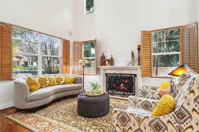 living room featuring a towering ceiling and wood-type flooring