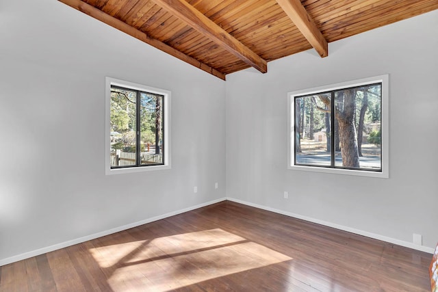 spare room with vaulted ceiling with beams, dark hardwood / wood-style flooring, and wood ceiling