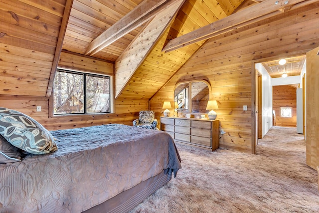 bedroom featuring vaulted ceiling with beams, light colored carpet, multiple windows, and wooden ceiling