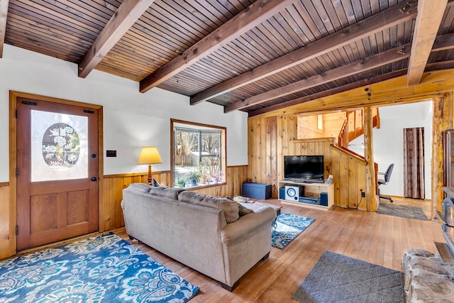 living room featuring light wood-type flooring, lofted ceiling with beams, and wooden ceiling