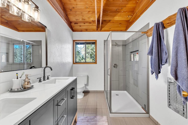 bathroom featuring wooden ceiling, vaulted ceiling, toilet, a shower with door, and vanity