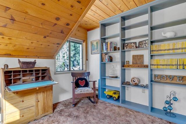 sitting room featuring carpet flooring, lofted ceiling, and wood ceiling