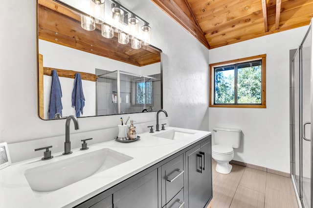 bathroom with wooden ceiling, walk in shower, lofted ceiling, toilet, and vanity