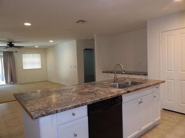 kitchen featuring dishwasher, sink, ceiling fan, an island with sink, and white cabinetry