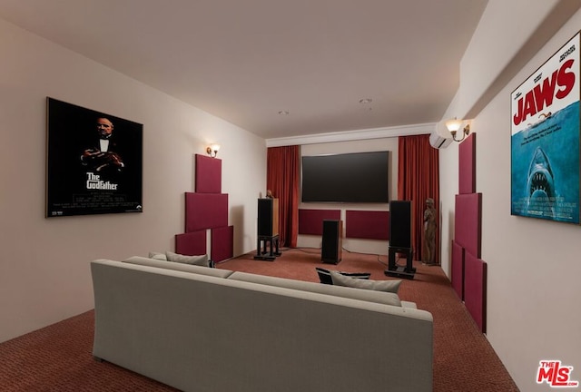 carpeted cinema room with a wall mounted AC