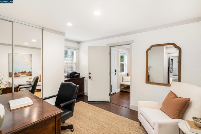 office with dark hardwood / wood-style floors