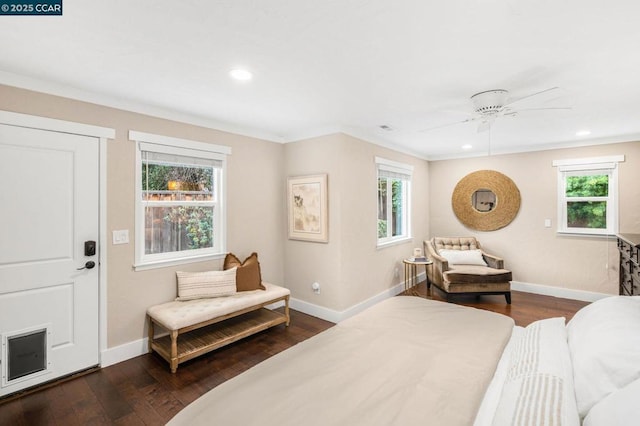 bedroom featuring multiple windows, ceiling fan, ornamental molding, and dark hardwood / wood-style flooring