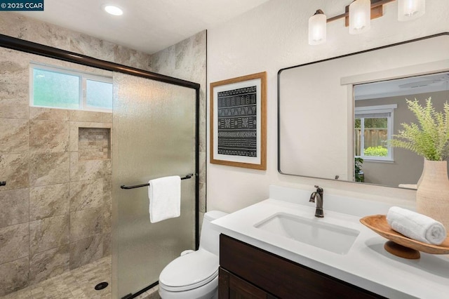 bathroom featuring vanity, toilet, a shower with door, and a wealth of natural light