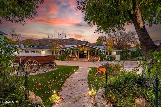 back house at dusk with a yard