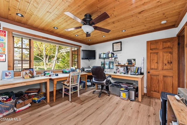 office space featuring light hardwood / wood-style flooring, ceiling fan, and wood ceiling