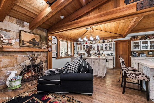 living room featuring lofted ceiling with beams, light wood-type flooring, a fireplace, and wood ceiling