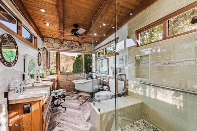 bathroom featuring wood ceiling, vanity, ceiling fan, beam ceiling, and plus walk in shower