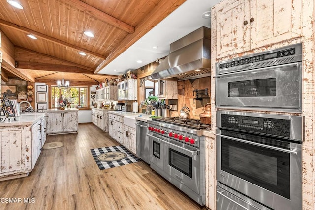 kitchen with white cabinets, light hardwood / wood-style flooring, range hood, wood ceiling, and stainless steel appliances