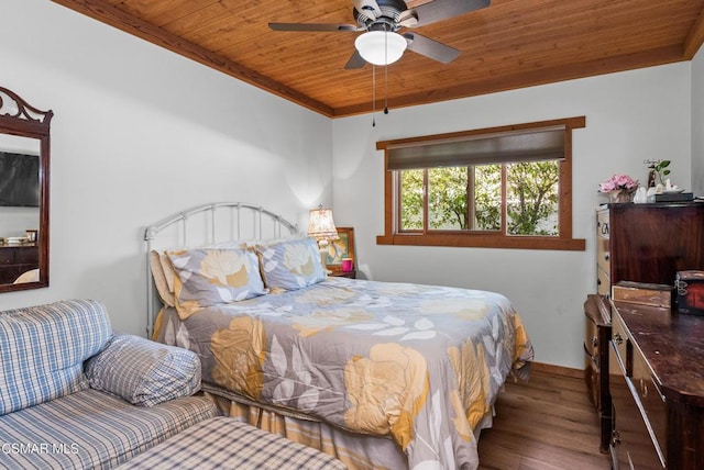 bedroom featuring ceiling fan, wooden ceiling, and hardwood / wood-style flooring