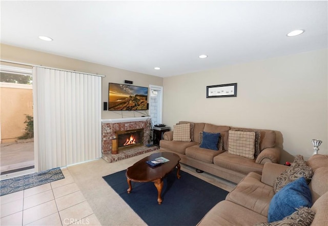 tiled living room with a fireplace