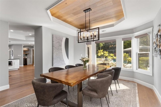 dining space with an inviting chandelier, wood ceiling, a raised ceiling, and light wood-type flooring