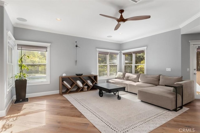 living room featuring a wealth of natural light, light hardwood / wood-style flooring, ornamental molding, and ceiling fan