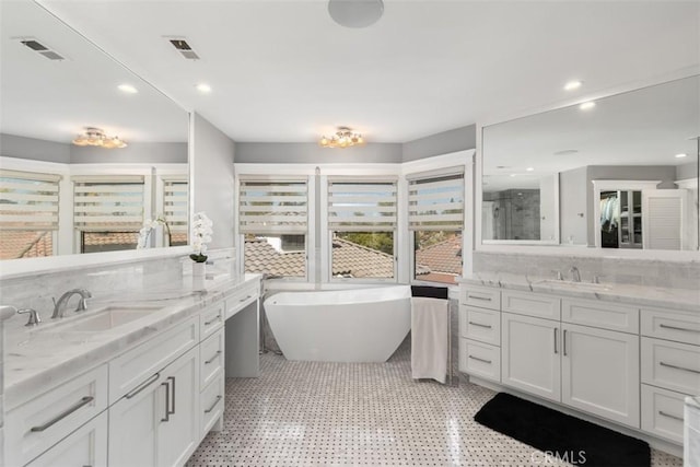 bathroom featuring vanity and plus walk in shower