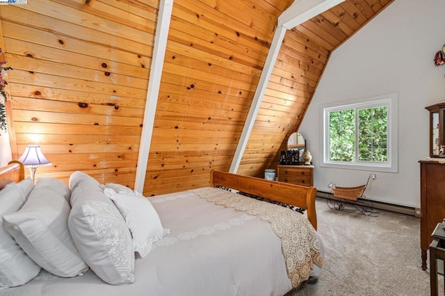 bedroom featuring lofted ceiling with beams, wooden walls, wood ceiling, a baseboard heating unit, and carpet floors